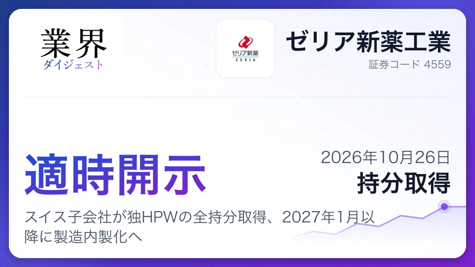 ゼリア新薬、スイス子会社が独HPWの全持分取得、2027年1月以降に製造内製化へ