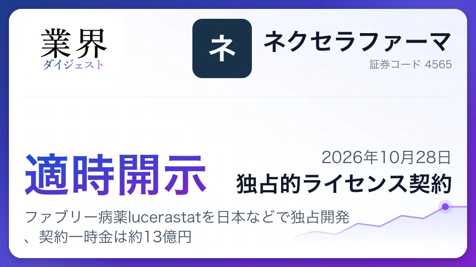 ネクセラファーマ、ファブリー病薬lucerastatを日本などで独占開発、契約一時金は約13億円