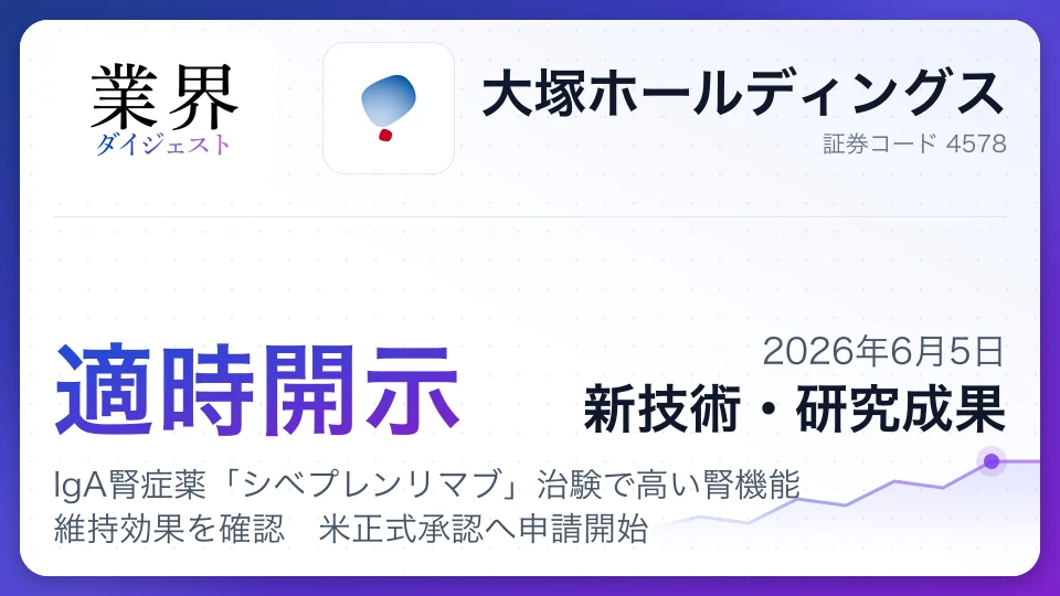 大塚HD、IgA腎症薬「シベプレンリマブ」治験で高い腎機能維持効果を確認 米正式承認へ申請開始