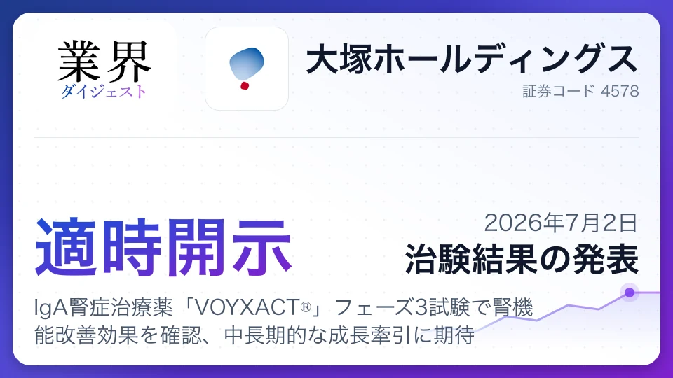 大塚ホールディングス、IgA腎症治療薬「VOYXACT®」フェーズ3試験で腎機能改善効果を確認、中長期的な成長牽引に期待