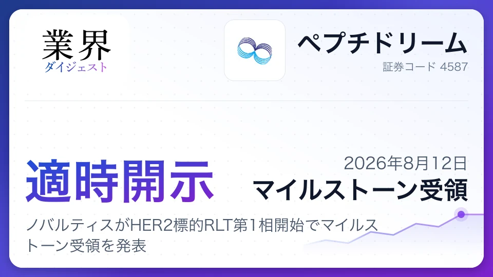 ペプチドリーム、ノバルティスがHER2標的RLT第1相開始でマイルストーン受領を発表