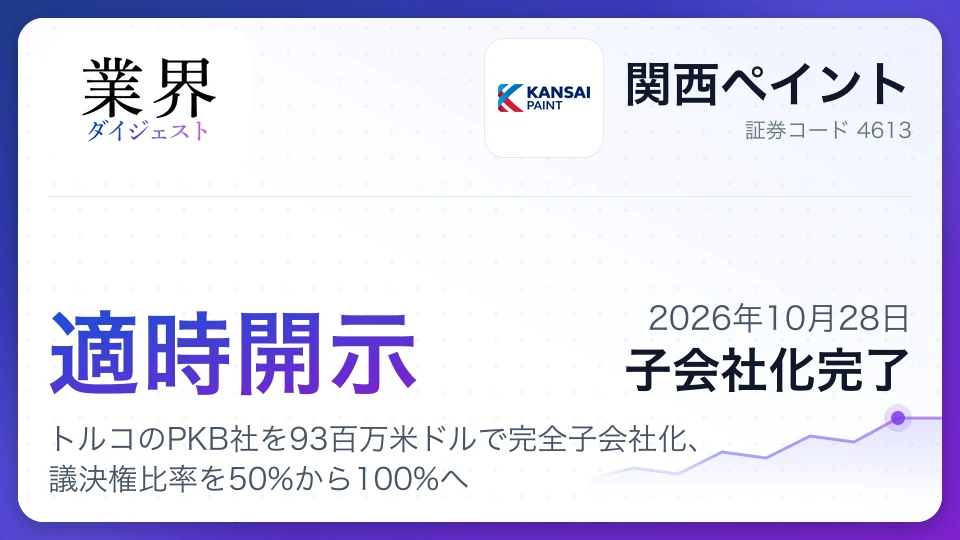 関西ペイント、トルコのPKB社を93百万米ドルで完全子会社化、議決権比率を50%から100%へ