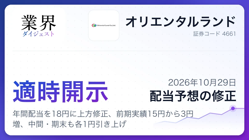 オリエンタルランド、年間配当を18円に上方修正、前期実績15円から3円増、中間・期末も各1円引き上げ