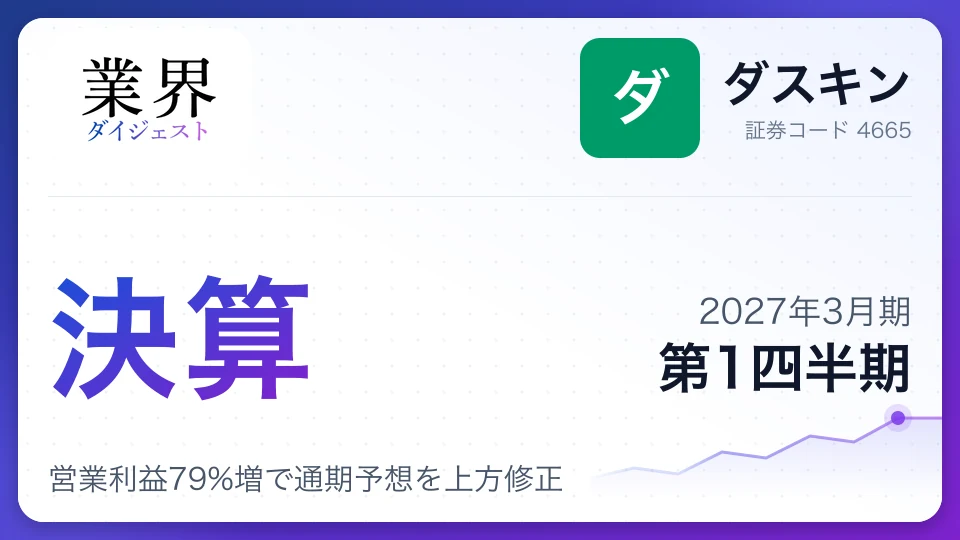 ダスキン、2027年3月期第1四半期決算、営業利益79%増で通期予想を上方修正