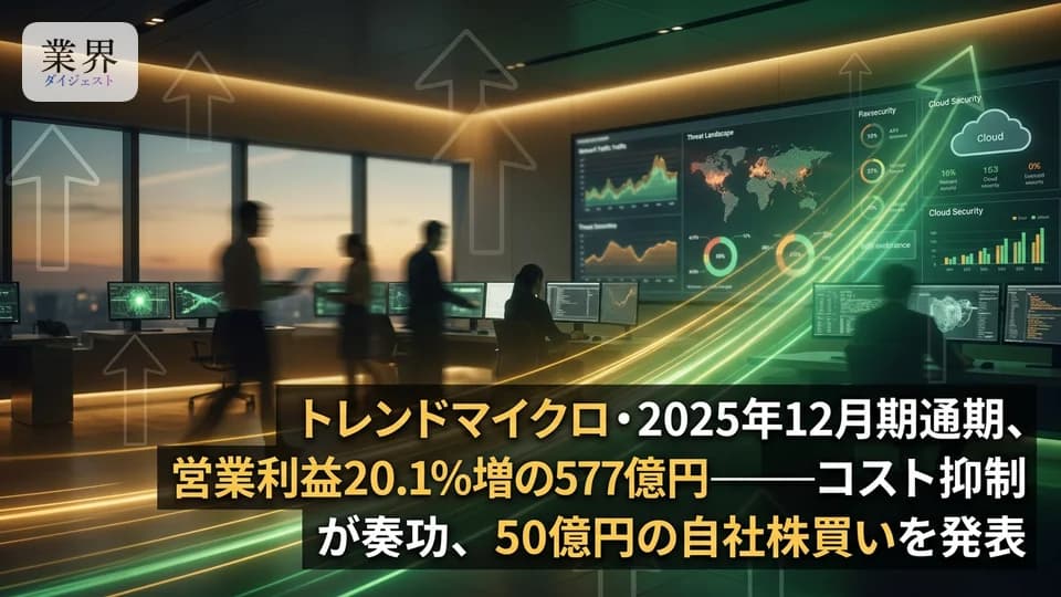トレンドマイクロ・2025年12月期通期、営業利益20.1%増の577億円——コスト抑制とAI基盤が寄与、50億円の自社株買い発表