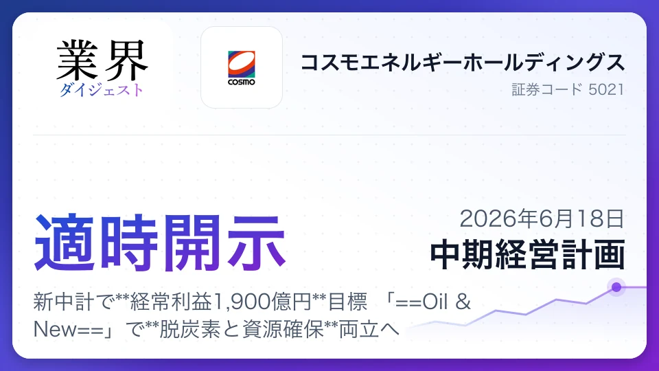 コスモエネルギーHD、新中計で経常利益1,900億円目標 「Oil & New」で脱炭素と資源確保両立へ