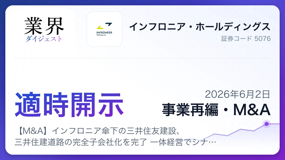 【M&A】インフロニア傘下の三井住友建設、三井住建道路の完全子会社化を完了 一体経営でシナジー最大化へ