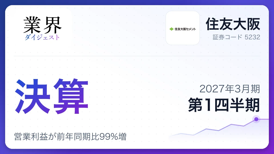 住友大阪、2027年3月期第1四半期決算、営業利益が前年同期比99%増