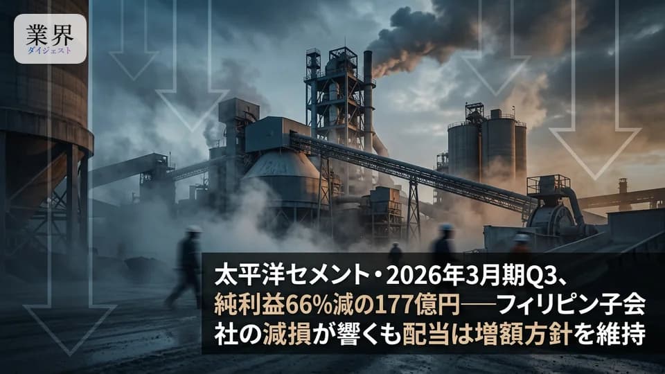太平洋セメント・2026年3月期Q3、純利益66%減の177億円——フィリピン子会社の減損が直撃、配当は年間100円へ増額維持