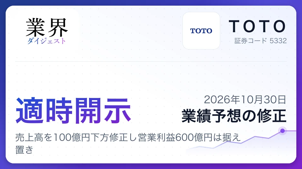 TOTO株式会社、2027年3月期通期業績予想を修正、売上高を100億円下方修正し営業利益600億円は据え置き