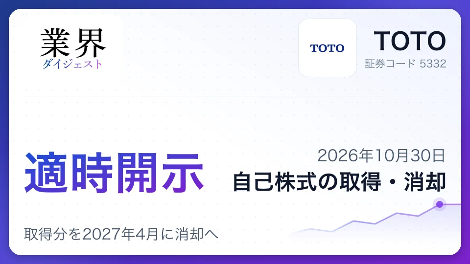 TOTO、最大950万株・300億円の自己株取得を決議、取得分を2027年4月に消却へ