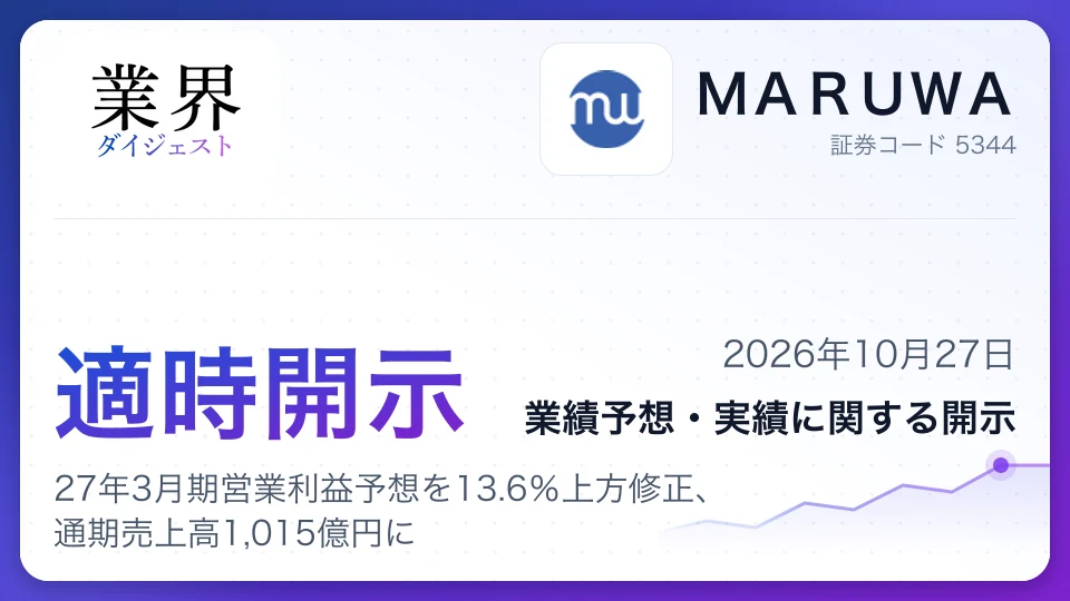 MARUWA、27年3月期営業利益予想を13.6%上方修正、通期売上高1,015億円に
