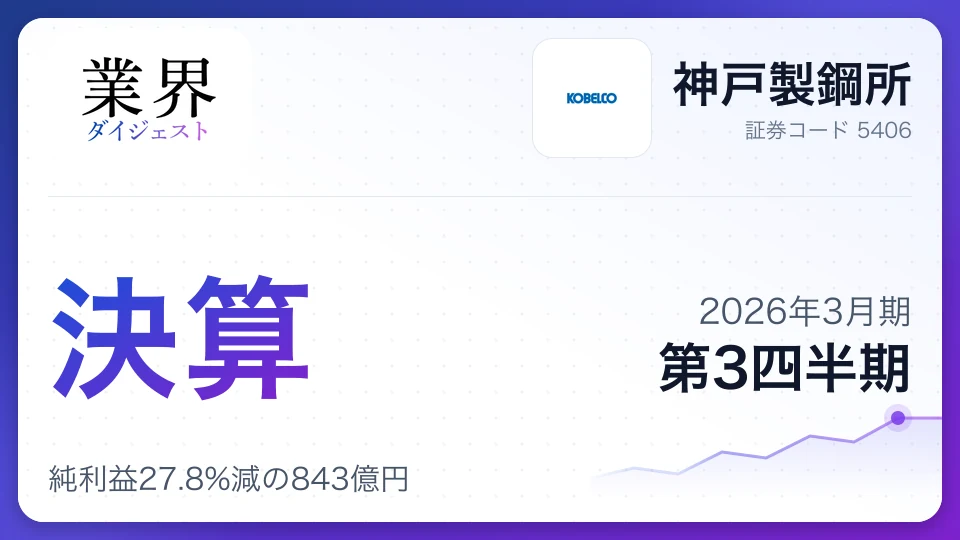 神戸製鋼所・2026年3月期Q3、純利益27.8%減の843億円——鉄鋼・建機が振るわず、通期予想を下方修正