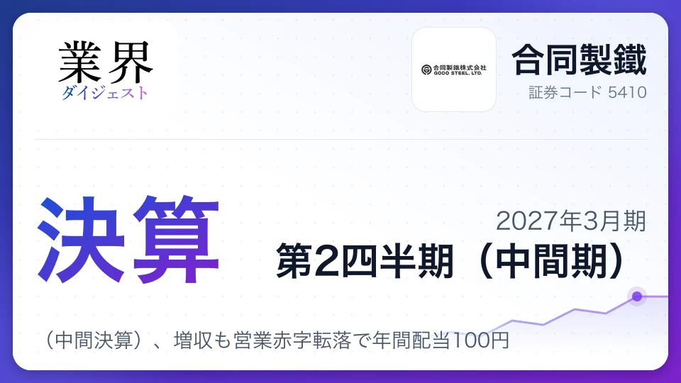 合同製鐵、2027年3月期第2四半期決算(中間決算)、増収も営業赤字転落で年間配当100円
