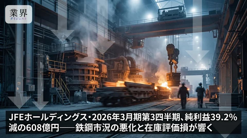 JFEホールディングス・2026年3月期Q3、純利益39.2%減の608億円——鉄鋼スプレッド縮小が打撃、インド子会社へ2700億円投資