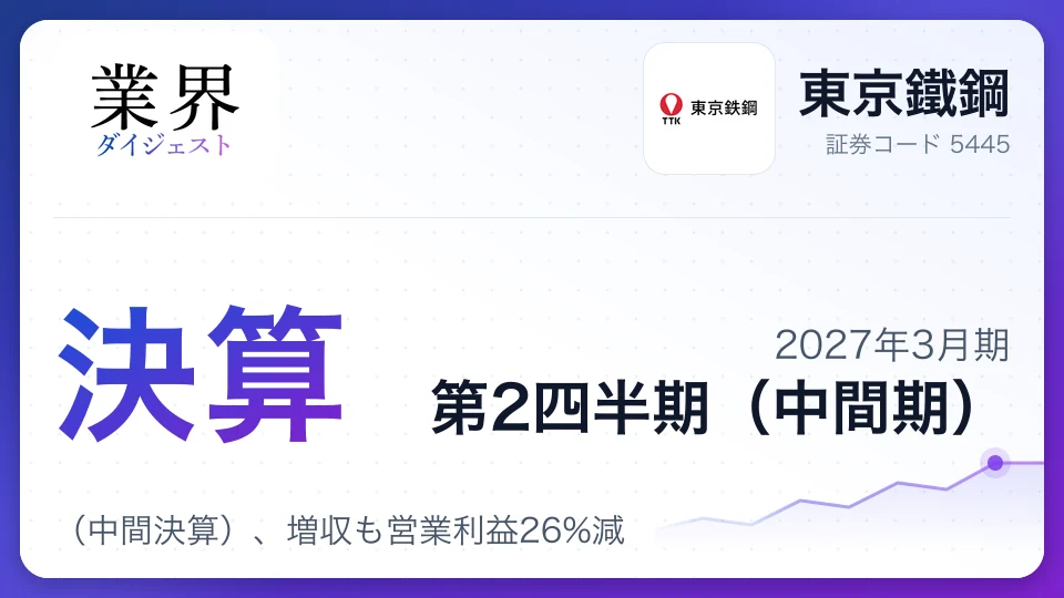 東京鐵鋼、2027年3月期第2四半期決算(中間決算)、増収も営業利益26%減