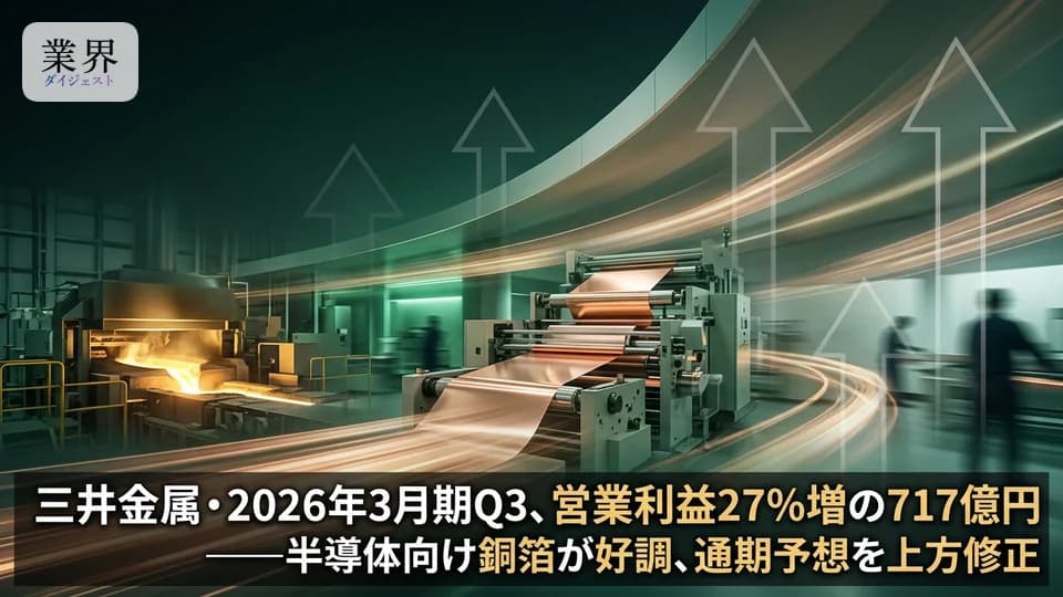三井金属・2026年3月期Q3、営業利益27.6%増の717億円——AIサーバー向け銅箔好調、通期予想を大幅上方修正