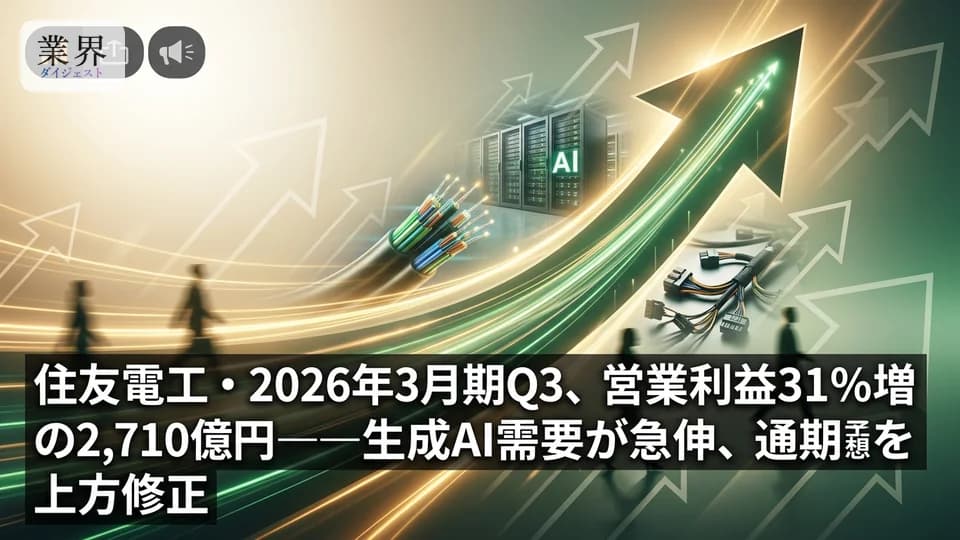 住友電気工業・2026年3月期Q3、純利益56%増の1,772億円——生成AI向け光デバイス急伸、通期予想を上方修正