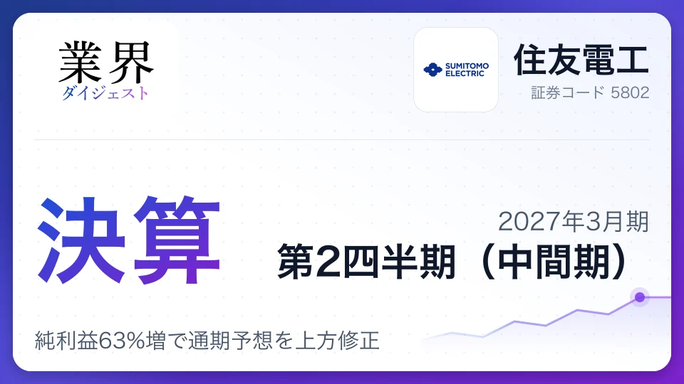 住友電工、2027年3月期第2四半期決算、純利益63%増で通期予想を上方修正