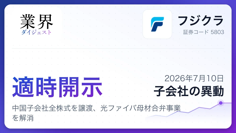 株式会社フジクラ、中国子会社全株式を譲渡、光ファイバ母材合弁事業を解消