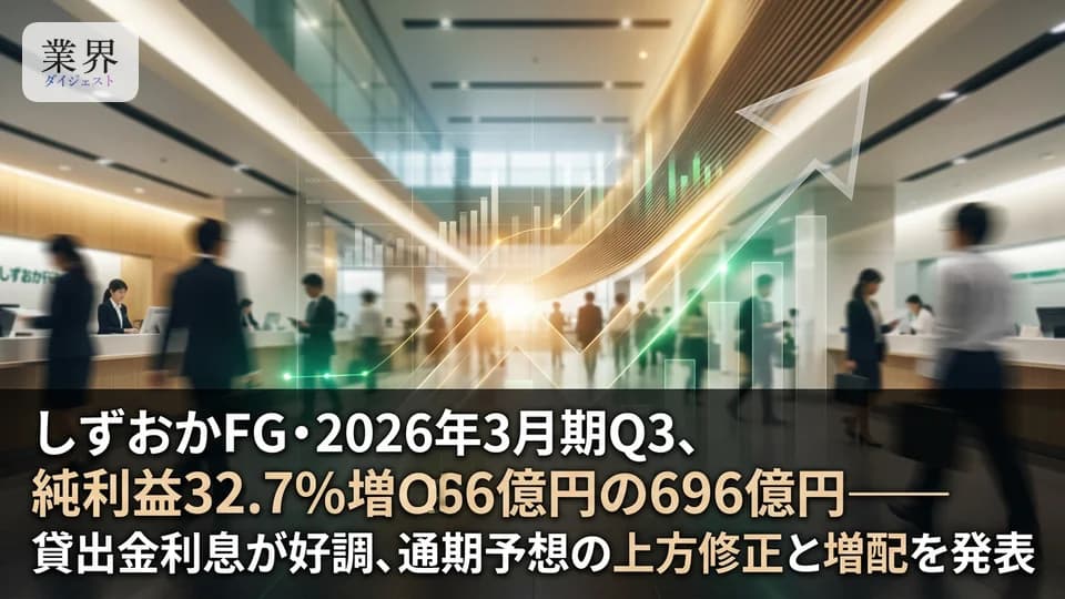 しずおかフィナンシャルグループ・2026年3月期Q3、純利益32.7%増の696億円——金利上昇で利息収入拡大、増配と自社株買いも発表