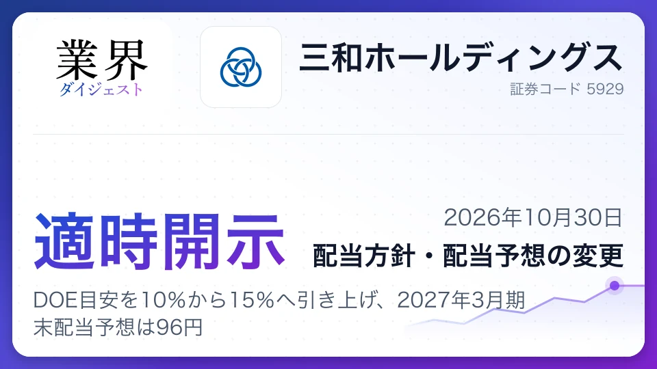 三和ホールディングス、DOE目安を10%から15%へ引き上げ、2027年3月期末配当予想は96円
