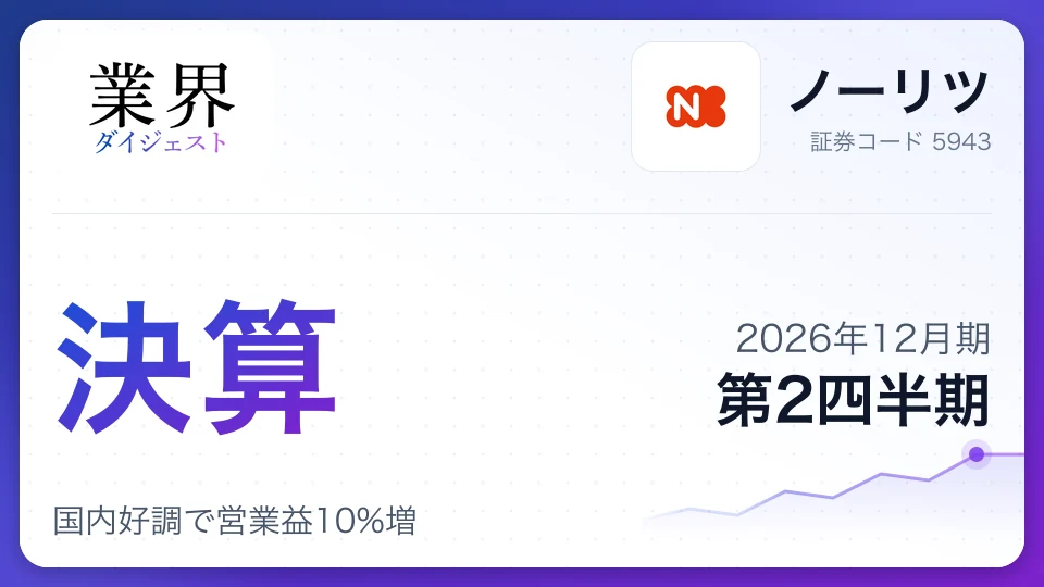 ノーリツ、2026年12月期第2四半期決算、国内好調で営業益10%増