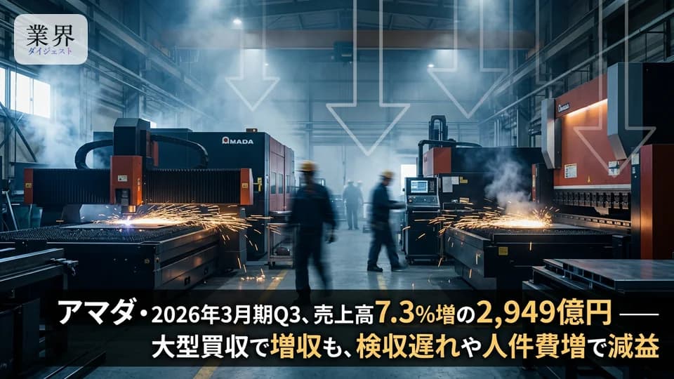アマダ・2026年3月期Q3、売上高7.3%増も営業利益15.4%減——M&Aで事業拡大、既存事業の検収遅れが重荷