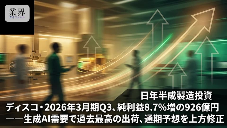 ディスコ・2026年3月期Q3、純利益8.7%増の926億円——生成AI向け装置が絶好調、通期予想も上方修正