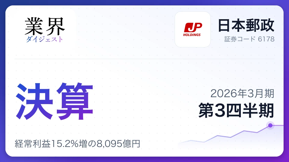 日本郵政・2026年3月期Q3、経常利益15.2%増の8,095億円——ゆうちょ銀行の収益拡大が牽引、物流赤字は大幅縮小