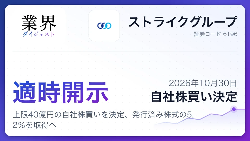 ストライクグループ、上限40億円の自社株買いを決定、発行済み株式の5.2%を取得へ
