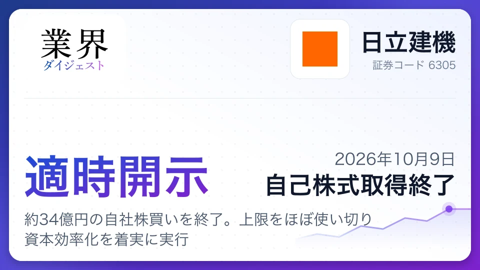 日立建機、約34億円の自社株買いを終了。上限をほぼ使い切り資本効率化を着実に実行