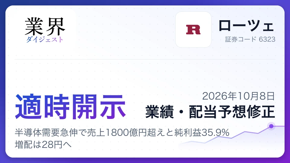ローツェが通期業績を大幅上方修正、半導体需要急伸で売上1800億円超えと純利益35.9%増配は28円へ