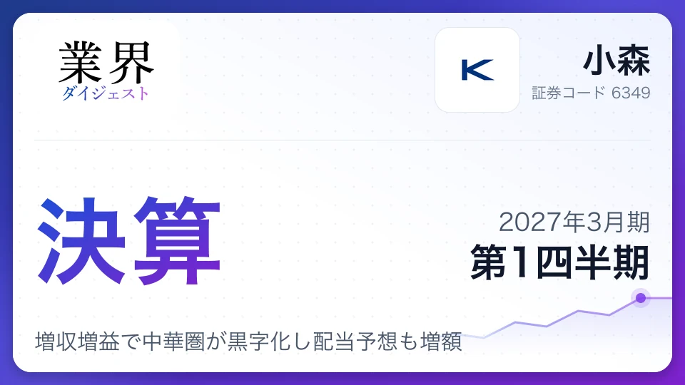 小森、2027年3月期第1四半期決算、増収増益で中華圏が黒字化し配当予想も増額