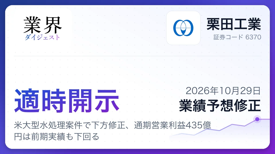 栗田工業、米大型水処理案件で下方修正、通期営業利益435億円は前期実績も下回る