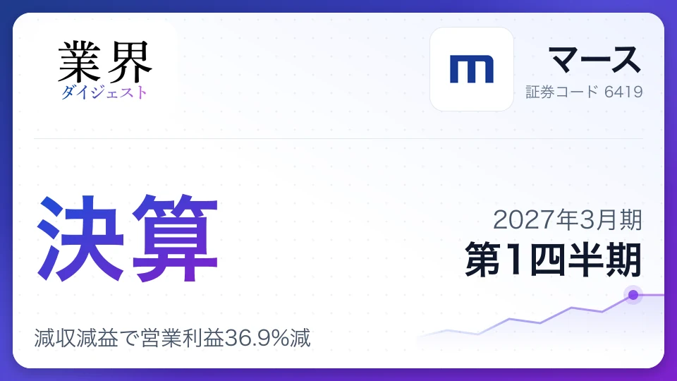 マース、2027年3月期第1四半期決算、減収減益で営業利益36.9%減