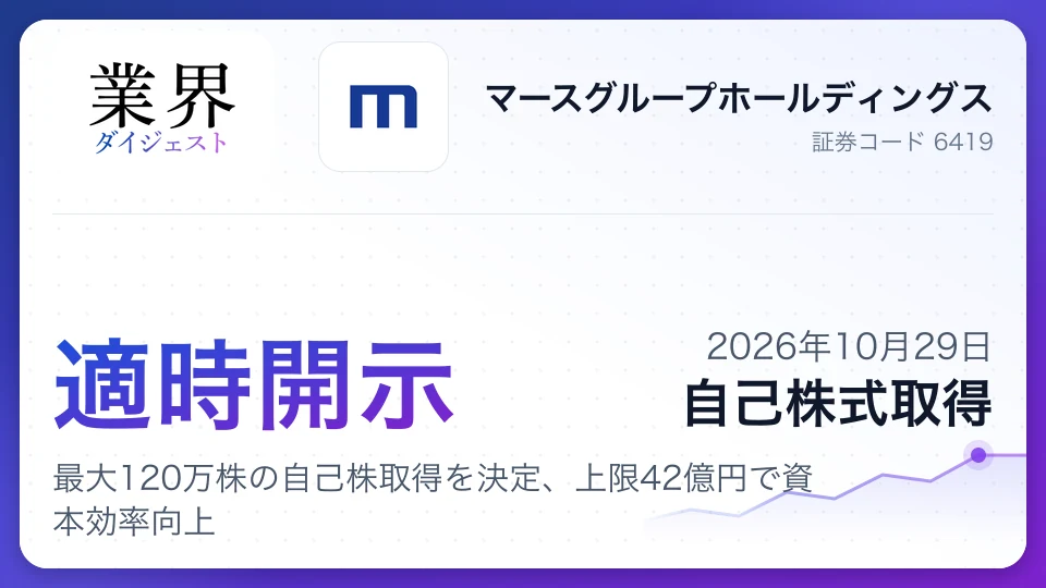 マースグループホールディングス、最大120万株の自己株取得を決定、上限42億円で資本効率向上