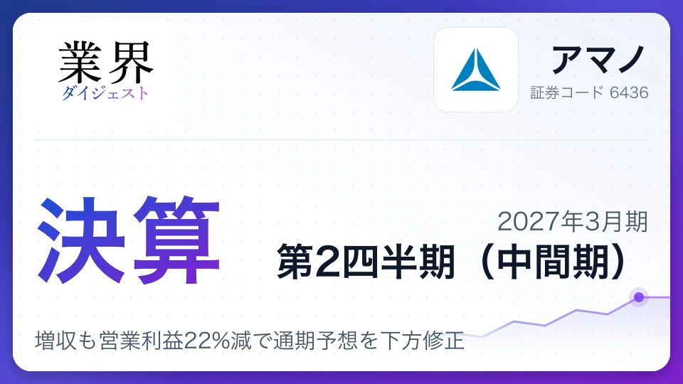 アマノ、2027年3月期第2四半期決算、増収も営業利益22%減で通期予想を下方修正