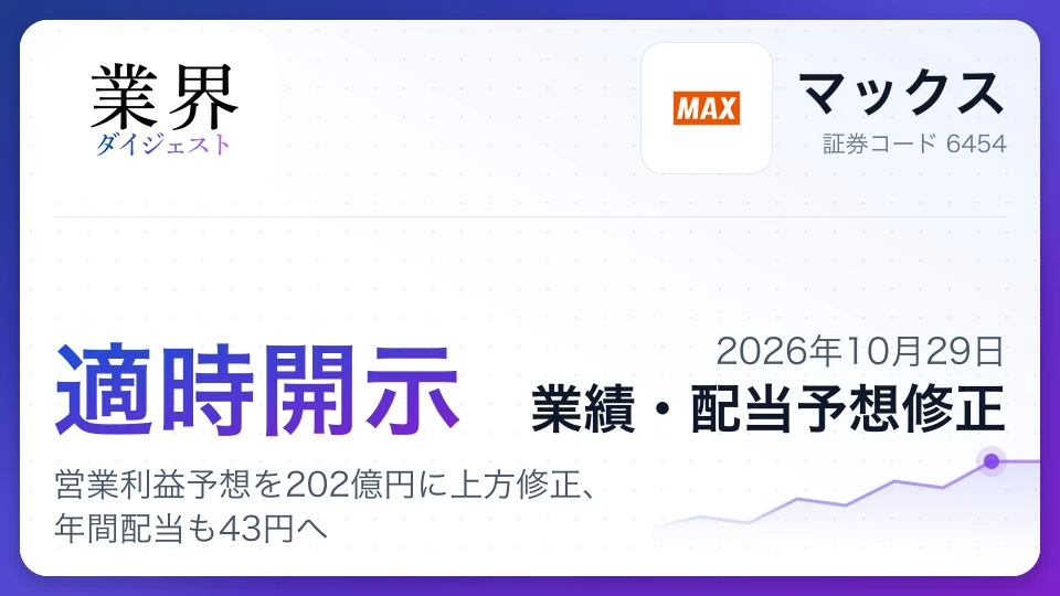 マックス株式会社、2027年3月期営業利益予想を202億円に上方修正、年間配当も43円へ