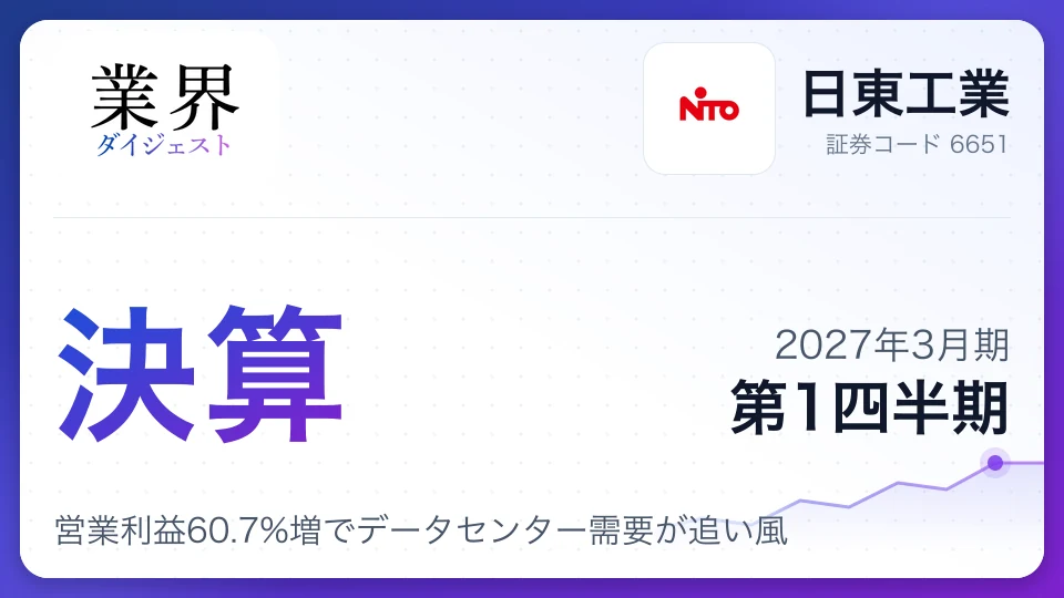 日東工業、2027年3月期第1四半期決算、営業利益60.7%増でデータセンター需要が追い風