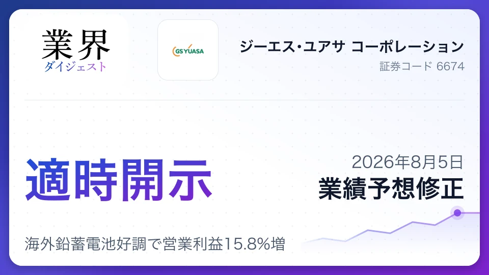 GSユアサ、2027年3月期業績予想を上方修正、海外鉛蓄電池好調で営業利益15.8%増