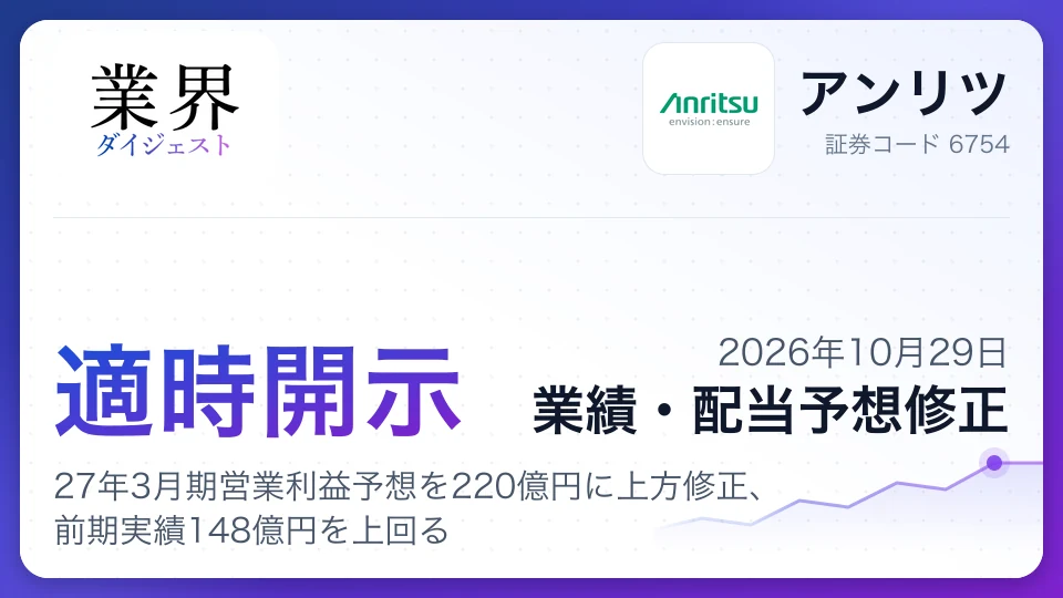 アンリツ、27年3月期営業利益予想を220億円に上方修正、前期実績148億円を上回る
