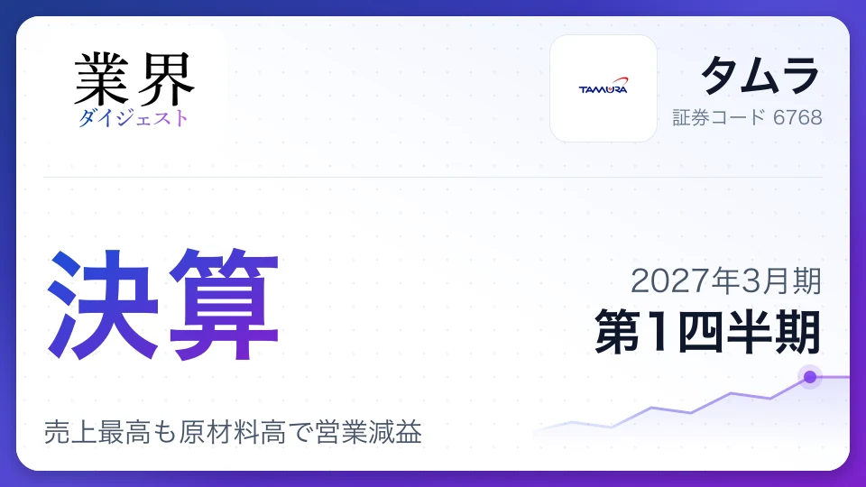 タムラ、2027年3月期第1四半期決算、売上最高も原材料高で営業減益