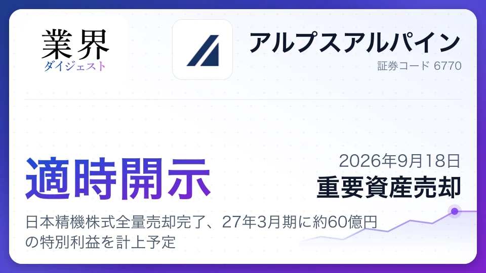 アルプスアルパイン、日本精機株式全量売却完了、27年3月期に約60億円の特別利益を計上予定
