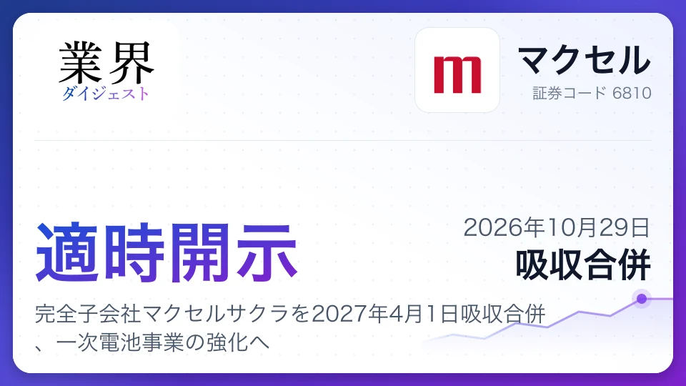 マクセル、完全子会社マクセルサクラを2027年4月1日吸収合併、一次電池事業の強化へ