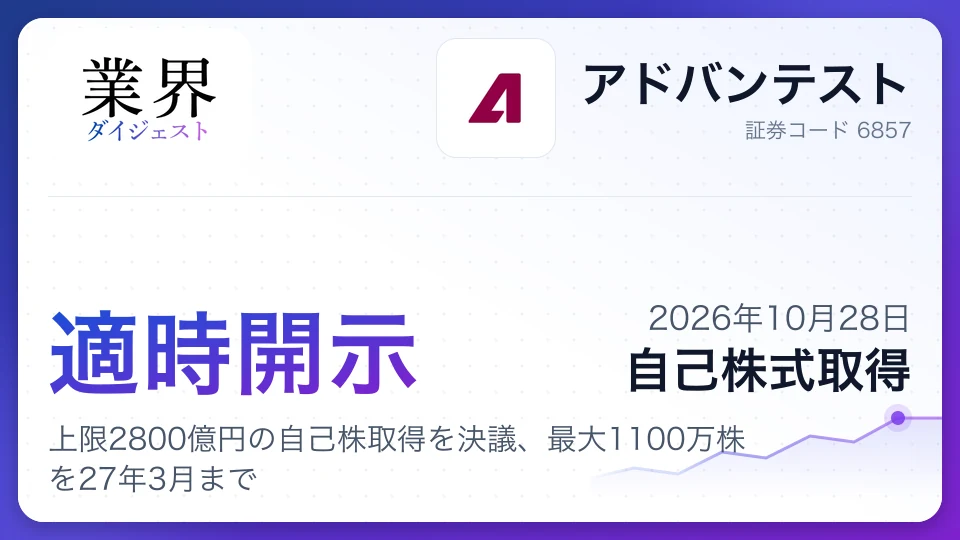アドバンテスト、上限2800億円の自己株取得を決議、最大1100万株を27年3月まで