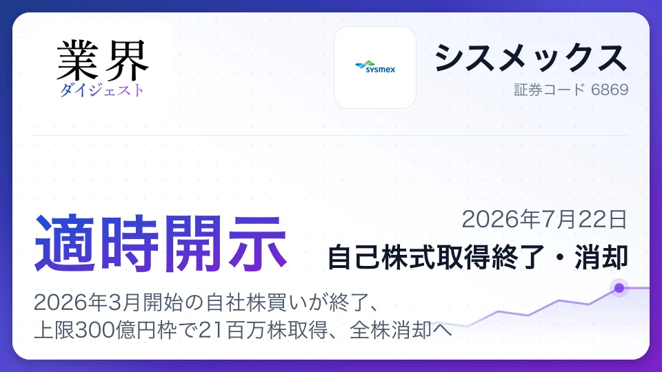 シスメックス、2026年3月開始の自社株買いが終了、上限300億円枠で21百万株取得、全株消却へ
