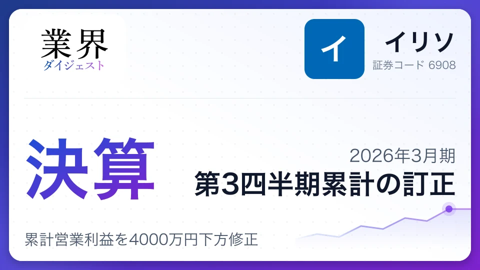 イリソ、2026年3月期第3四半期決算訂正、累計営業利益を4000万円下方修正