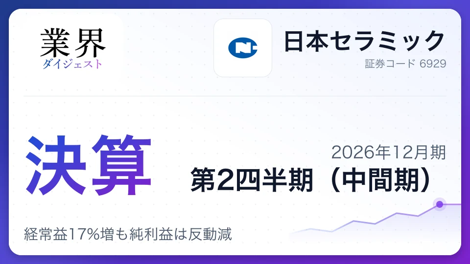 日本セラミック、2026年12月期第2四半期決算、経常益17%増も純利益は反動減