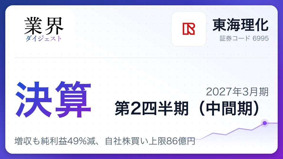東海理化、2027年3月期第2四半期決算、増収も純利益49%減、自社株買い上限86億円